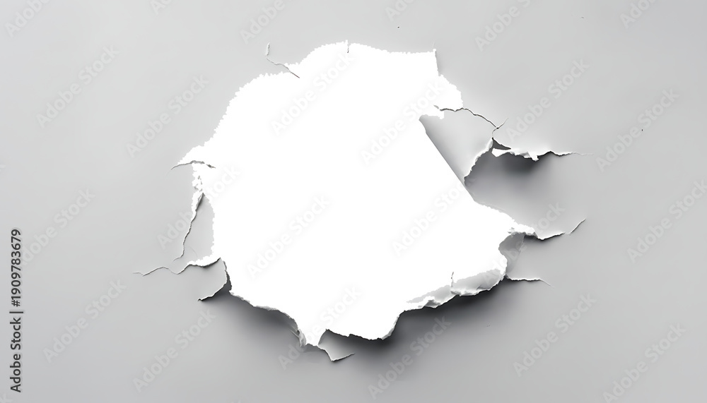 Realistic white torn paper hole with ragged edges and shadow effect isolated on transparent background.