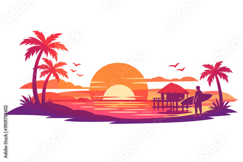 A vibrant tropical beach illustration featuring a large setting sun, palm trees, a surfer silhouette, and a beach hut over the water in a retro purple and orange color palette.