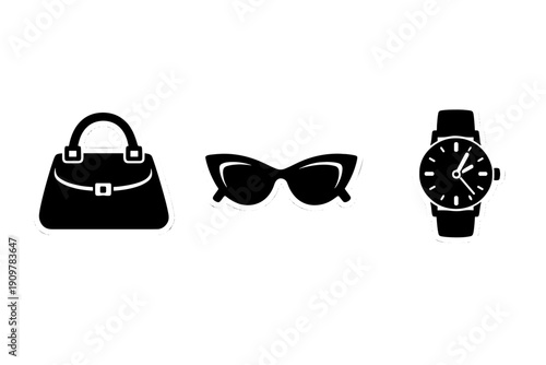 A collection of three fashion accessory icons including a handbag, cat-eye sunglasses, and a wristwatch, presented in a minimalist black and white sticker style on a dark background.