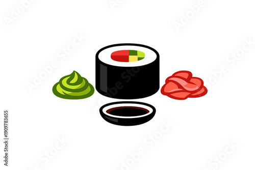 This vector graphic features a single sushi maki roll accompanied by green wasabi, red pickled ginger, and a small dish of soy sauce, all set against a solid black background.