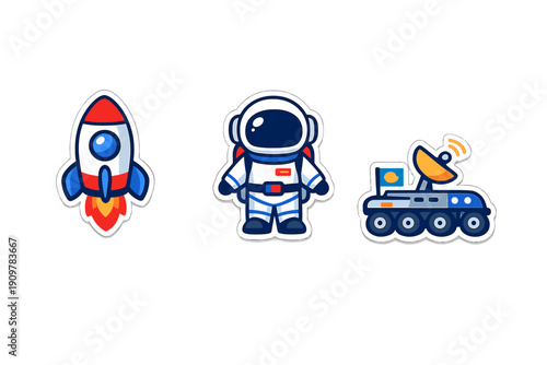 Three cartoon space stickers including a launching rocket, a standing astronaut, and a moon rover with a satellite dish, all isolated on a solid black background.