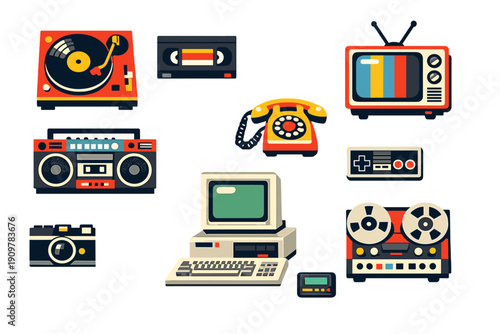 A collection of retro electronic devices including a vintage computer, television, boombox, and record player, presented in a flat illustration style on a black background.