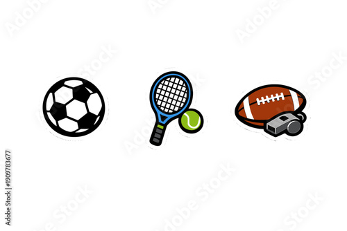 A collection of three sports-themed stickers featuring a soccer ball, a tennis racket with a ball, and an American football with a whistle, all set against a solid black background.