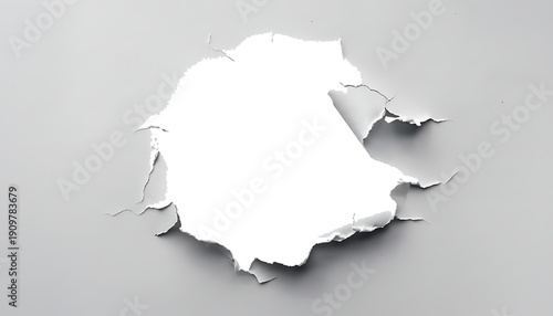 Realistic white torn paper hole with ragged edges and shadow effect isolated on transparent background.