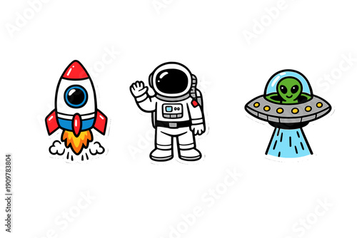 Three cartoon space stickers featuring a rocket ship launching, a waving astronaut in a white suit, and a green alien inside a flying saucer on a black background.