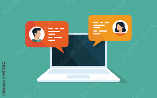 Wallpaper Mural Two speech bubbles with user avatars float above a laptop screen indicating online communication Torontodigital.ca