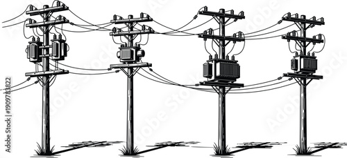 Electric utility poles with transformers and overhead power lines, high voltage distribution infrastructure silhouette illustration isolated on white