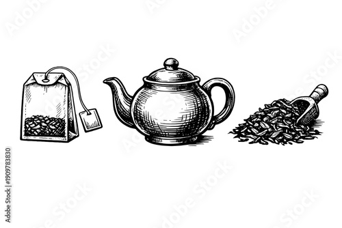 A vintage style black and white illustration featuring a tea bag, a classic teapot, and a pile of loose tea leaves with a small scoop, all set against a solid black background.