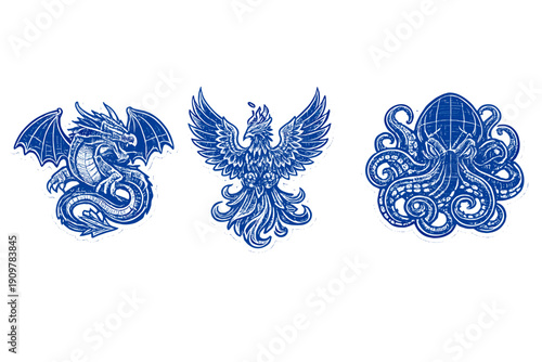 Three blue and white illustrations of mythical creatures including a dragon, a phoenix, and a giant octopus. The designs feature a hand-drawn woodcut style with thick white borders.