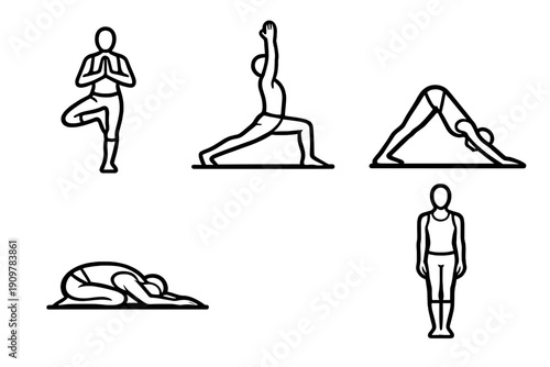 A collection of five minimalist black and white icons depicting various yoga poses including tree pose, warrior pose, downward dog, child pose, and mountain pose on a black background.