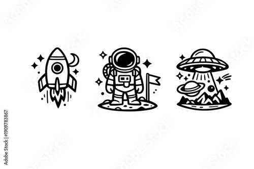 A set of three black and white space-themed sticker illustrations featuring a rocket ship, an astronaut on the moon, and a UFO flying over a ringed planet with mountains.