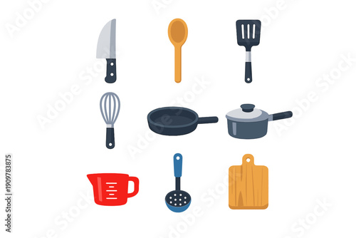 A collection of nine essential kitchen utensils and cookware items including a knife, whisk, frying pan, and cutting board, presented in a flat illustration style on a black background.