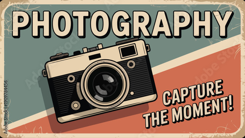 Vintage photography advertisement showcasing a classic film camera on a distressed two color background