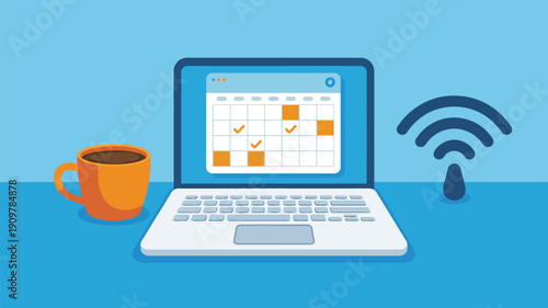 White laptop showing a simple calendar interface with events and checkmarks near a coffee cup