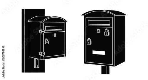 Black and white illustration of two residential mailboxes with locks
