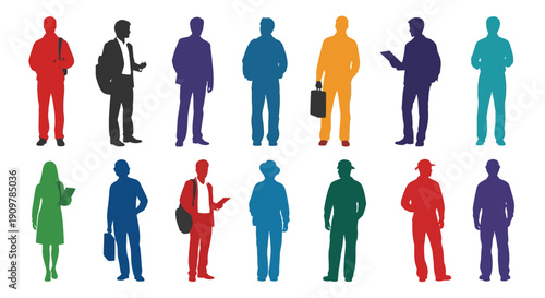 Diverse group of silhouetted people in various poses and colors