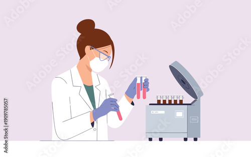 Woman scientist performs laboratory research with test tubes and centrifuge machine