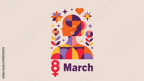 Womans profile with colorful geometric shapes surrounded by flowers and stars for 8 March