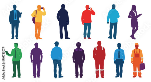 Diverse group of stylized figures depicted in various poses and colors