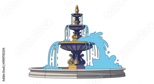 Illustration of a tiered fountain with flowing water and ornate details