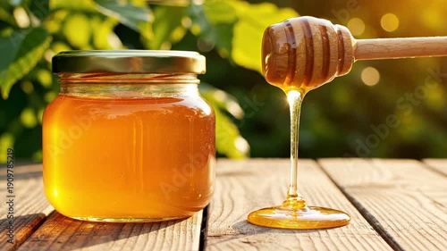 Golden honey in a jar with dripping honey dipper on wooden table
