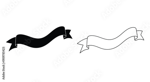 Two ribbon banners one solid black the other a line drawing