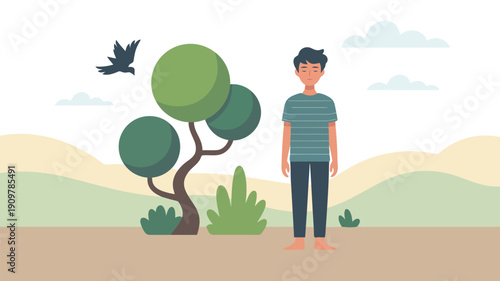 Young man with closed eyes stands barefoot outdoors, finding peace in a gentle natural landscape