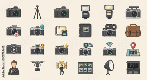 Comprehensive icon set camera collection featuring photography equipment and accessories for professionals and hobbyists alike in a visual representation