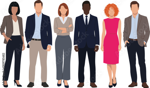 Professional diverse business people set, corporate team standing in office wear, faceless characters group, flat style vector illustration