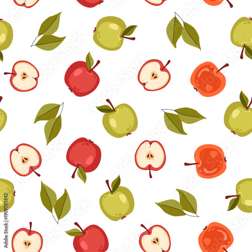Seamless pattern with whole apples and sliced, green leaves. Fruits background for decoration farmer market, kitchen fabric, restaurant prints, poster and wrapping paper