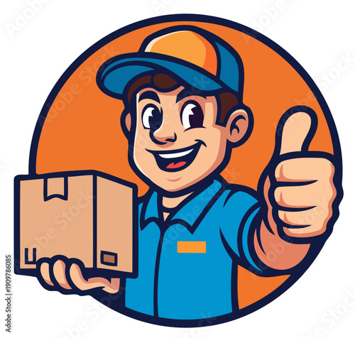 A vector-style cartoon illustration featuring a young adult male delivery driver