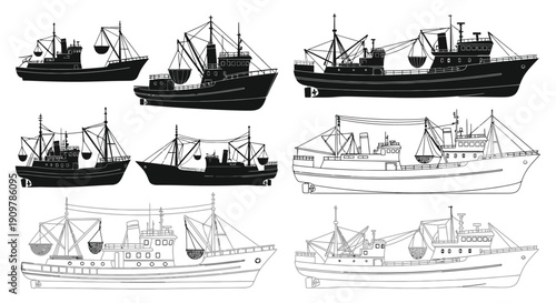 Collection of black and white illustrations depicting various fishing and cargo ships