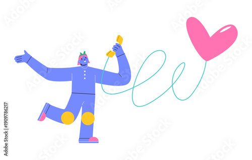 Happy woman holding telephone connected to heart. Colorful vector illustration