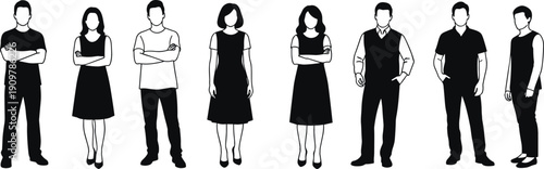 Set of diverse business people silhouettes in professional poses, standing team of men and women for corporate office design