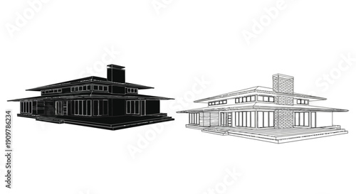 Architectural sketches of a modern flat roofed house design in black and white