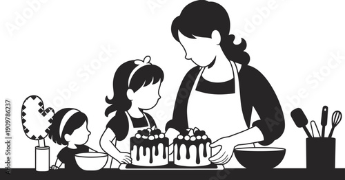 Mother and daughters baking cakes together in kitchen, family bonding cooking activity, black and white vector illustration design