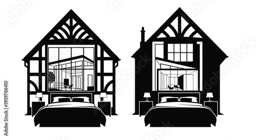Black and white illustration of two cozy cabin interiors with beds