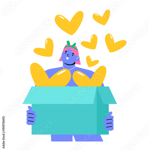 Woman holds a box with hearts in his hands. Colorful vector illustration