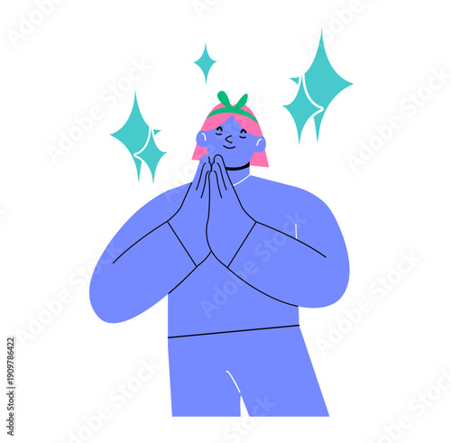 Woman praying, thanking. Colorful vector illustration