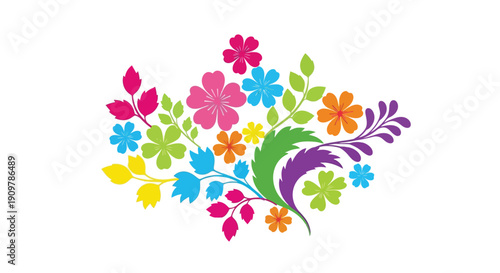 Colorful floral arrangement with vibrant blossoms and swirling green leaves