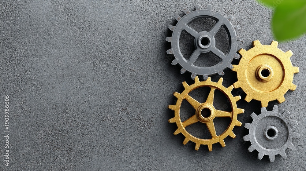 Fototapeta premium Gears and cogwheels in gray and gold colors arranged on a textured gray concrete background, featuring ample copy space for text, flat lay top view composition