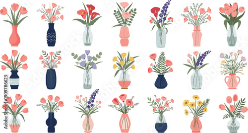 Elegant collection of twenty diverse flower arrangements in colorful vases featuring tulips, daisies, poppies, and vibrant blossoms for interior decoration and botanical inspiration