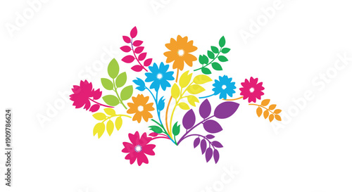 Colorful floral arrangement with various blooms and foliage displayed on white