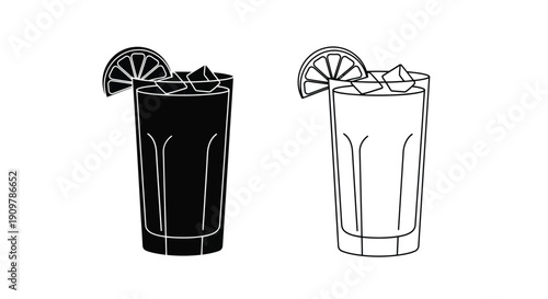 Two stylized glasses of dark and light beverages with citrus garnish