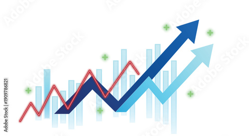 Financial bar chart and line graphs with upward trending arrows for business growth
