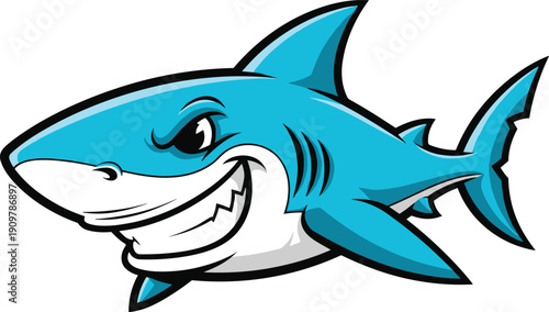 Vector illustration of a cool blue shark mascot with a fierce grin and sharp teeth for sports team logo branding and ocean predator design