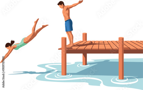 Vector illustration of a man and woman diving from a wooden pier into the water for summer vacation lakeside leisure and active outdoor lifestyle design