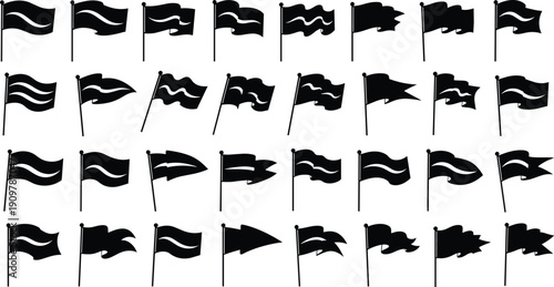 Vector illustration of black flag silhouette set with various waving shapes and pennant styles isolated on white for map markers navigation and infographic design