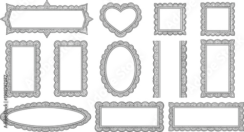 Vector illustration of black lace frame and border set with various decorative shapes isolated on white for vintage wedding invitation and elegant stationery design