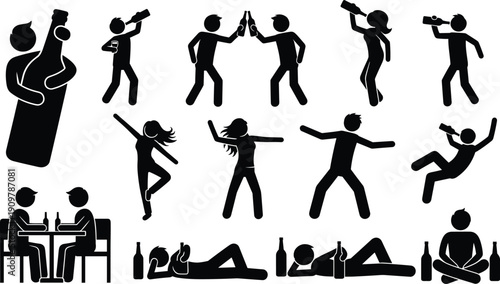 Black Stickman Figure Collection Featuring People Climbing Ladders Jumping For Joy Drinking Alcohol Expressing Sadness Swimming Falling And Performing Daily Activities